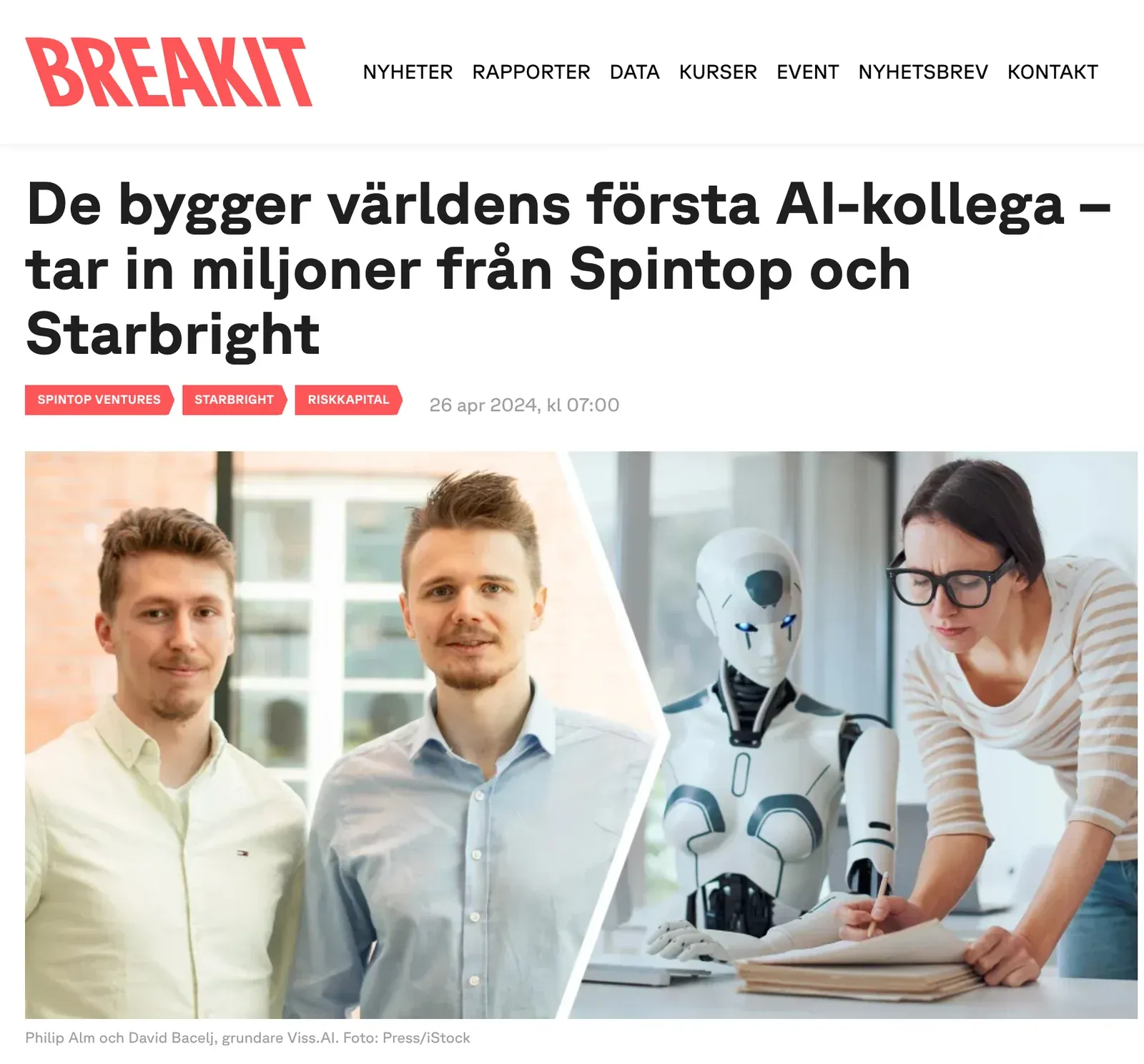 Breakit, 26 April 2024: De bygger världens första AI-kollega – tar in miljoner från Spintop och Starbright