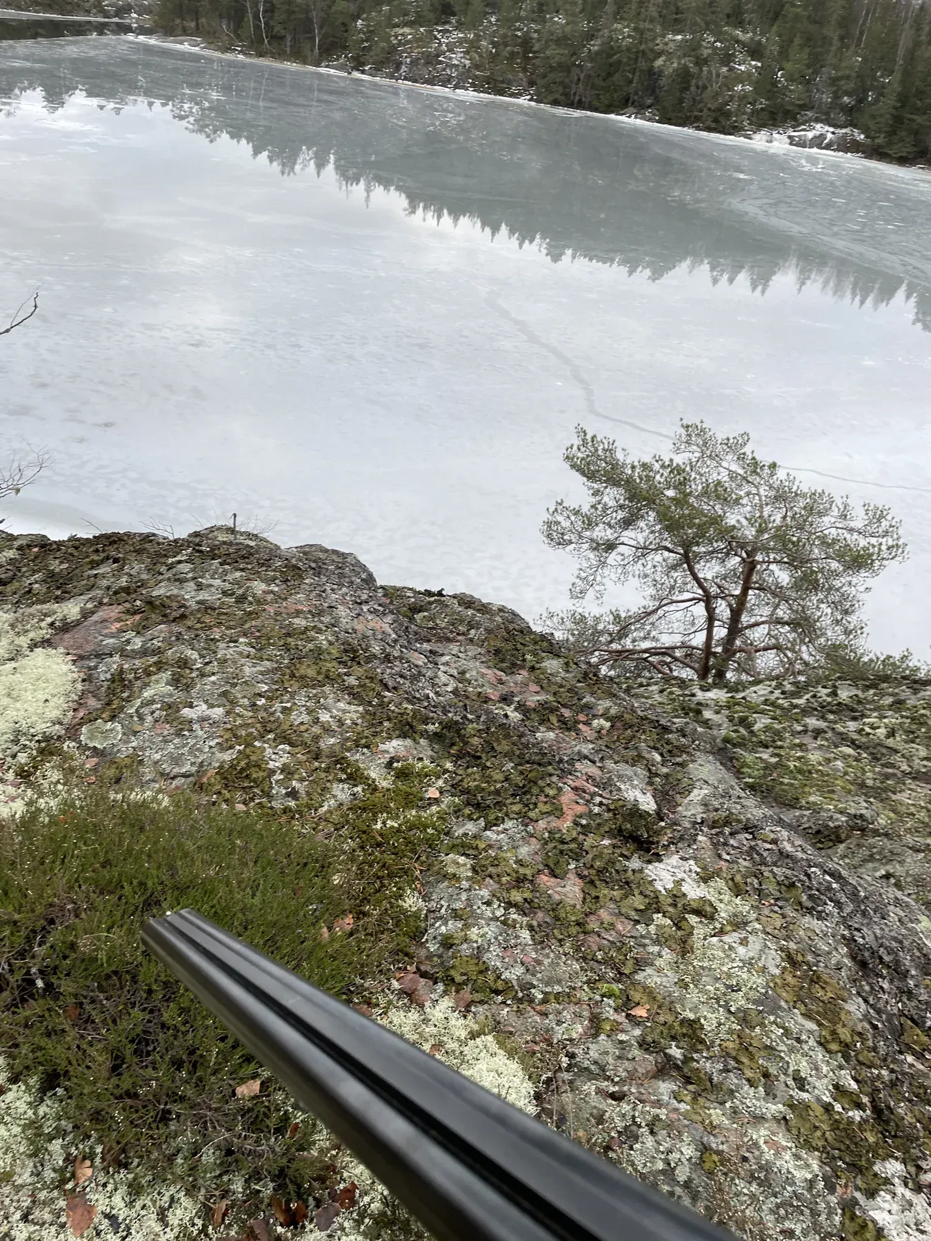 A view over a lake from a rocky hill during a hunt
