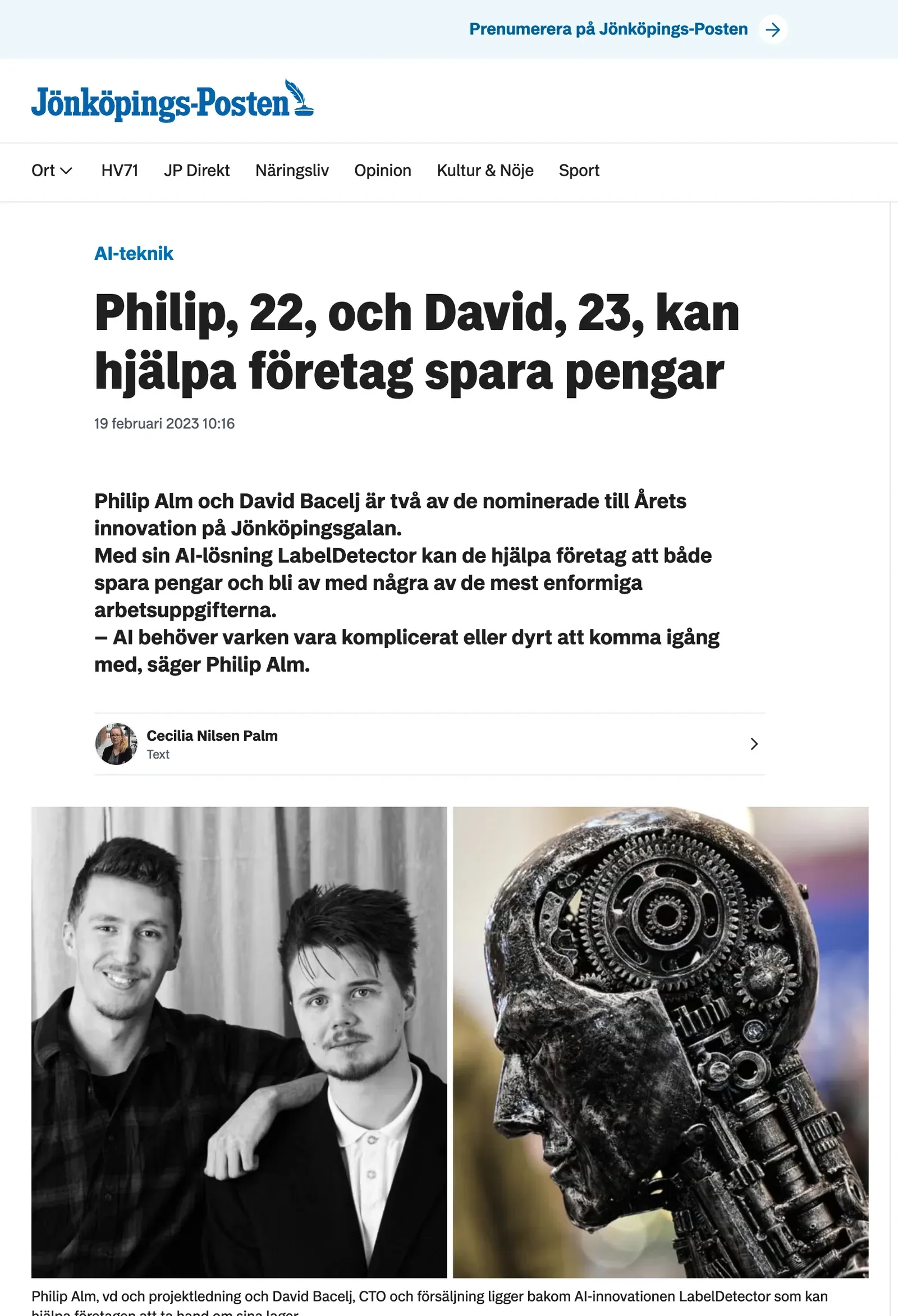 Jönköpings-Posten, 19 February 2023: Philip, 22, och David, 23, kan hjälpa företag spara pengar