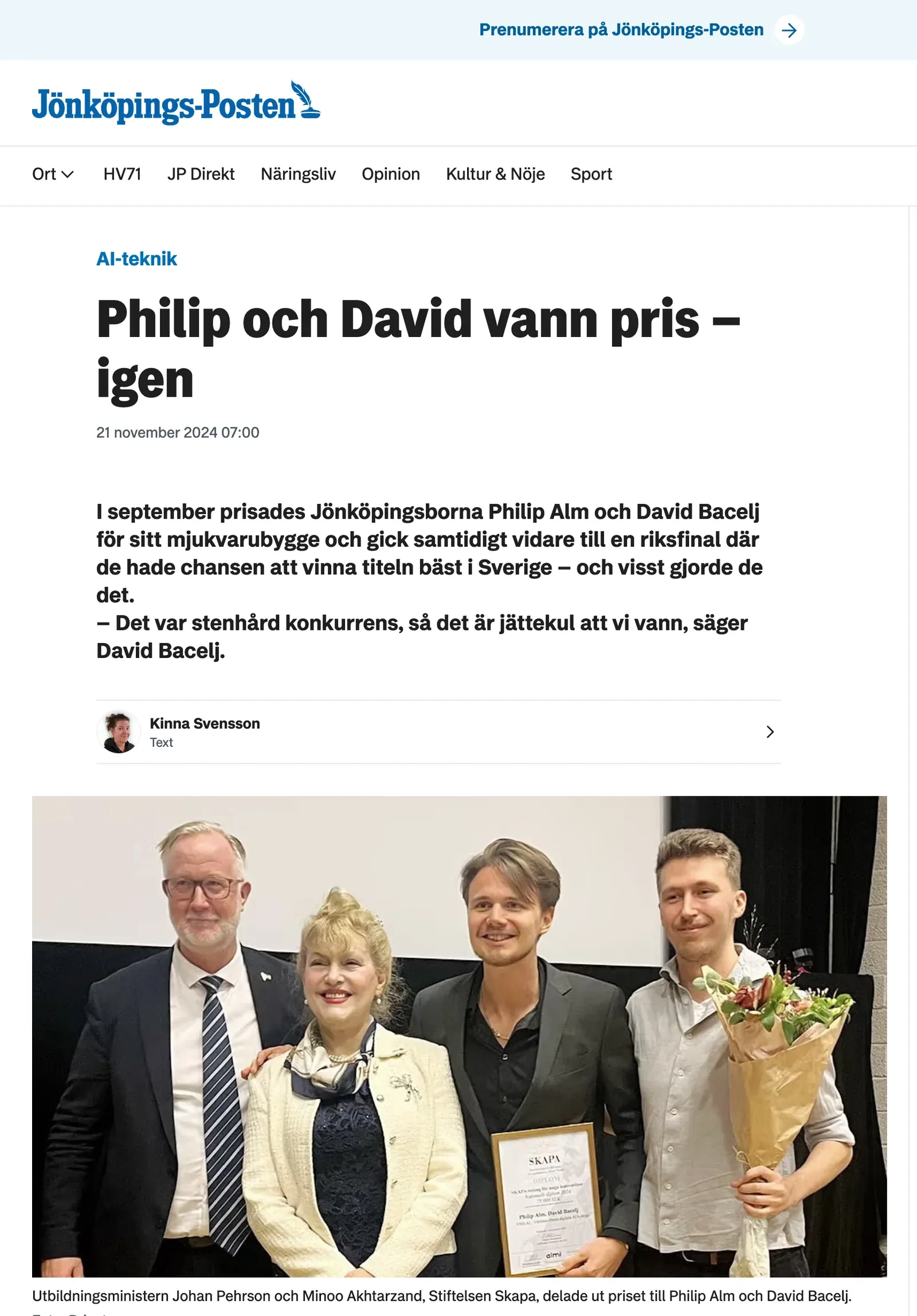 Jönköpings-Posten, 21 November 2024: Philip och David vann pris – igen