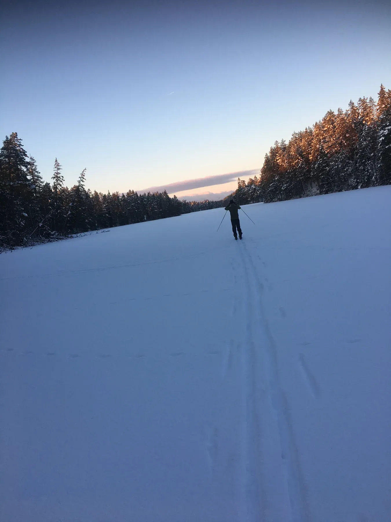 Ski tracks across a frozen lake at sunset